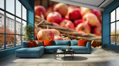 A close-up view of two wicker baskets overflowing with ripe, red apples. The baskets are nestled amongst straw, highlighting the rustic setting of an orchard. The apples are freshly picked and ready f Wall mural