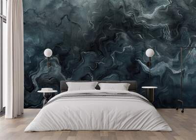 A digitally rendered image showing a close-up of an abstract black and white marble texture with a swirling, flowing pattern. The white lines of the marble swirl and twist against the dark black backg Wall mural