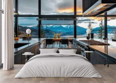 A large kitchen with a view of mountains and a lake. The kitchen is very modern and has a lot of natural light coming in from the windows Wall mural