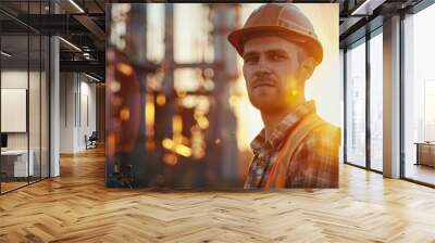 A man in a hard hat is standing in front of a factory. He appears to be inspecting or supervising the industrial site. The factory building is visible in the background, showcasing an industrial setti Wall mural