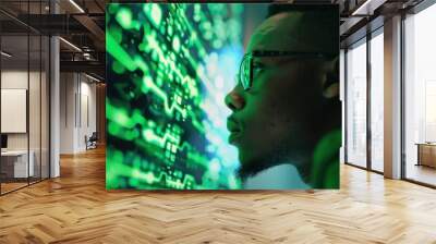 A man with glasses is looking at a computer screen with green numbers Wall mural