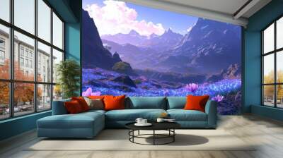 A mesmerizing new exoplanet with glowing purple and blue flora amidst towering mountain ranges under a vibrant sky Wall mural