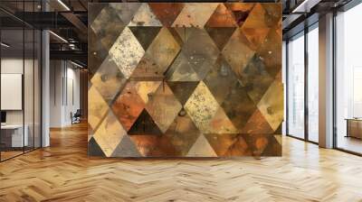 A seamless pattern of overlapping triangles in shades of brown, yellow, and black. The triangles create a diamond shape and have a distressed or textured look. Wall mural