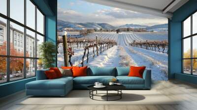 A snow-covered vineyard stretches across a valley on a sunny winter day. The rows of grapevines are covered in a fresh blanket of snow, and the surrounding hills are also dusted with white. The sky is Wall mural