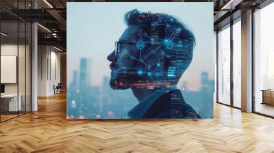 A thoughtful man gazes into a city skyline while contemplating technology and innovation in a digital world at dusk Wall mural