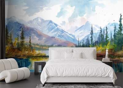 A watercolor illustration depicting a mountain lake with trees surrounding its banks. The serene waters reflect the lush greenery of the trees under a clear sky. Wall mural