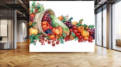 A watercolor illustration of a basket overflowing with autumn harvest fruits and vegetables. The basket is depicted as a cornucopia, a symbol of abundance and gratitude. The artwork features various f Wall mural