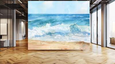 A watercolor painting depicts a seascape with blue ocean waves crashing on a sandy beach. The water is a vibrant blue, with white foam cresting at the top of the waves. The sky is a light blue with wh Wall mural