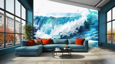 A watercolor painting depicts a single blue wave crashing in the ocean. The wave is a vibrant blue and white, with the white foam swirling and spraying into the air. The background is a light blue, re Wall mural