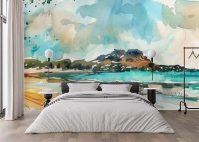 A watercolor painting featuring a beach with gentle waves crashing onto the shore, framed by a majestic mountain in the background. The sandy beach is dotted with seashells and tropical vegetation und Wall mural