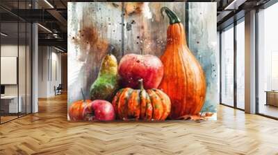 A watercolor painting of a still life with fall fruits and vegetables, including a pumpkin, apples, a pear, and a gourd, resting on a wooden table. The background features a light gray wood surface wi Wall mural