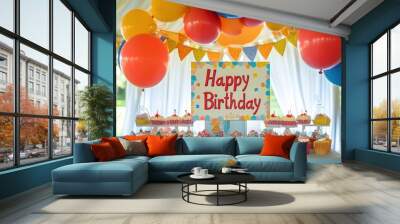 A whimsical birthday party table adorned with colorful balloons, cupcakes, and a vibrant Happy Birthday sign, perfect for celebrating Wall mural