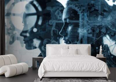 Abstract representation of two women's profiles intertwined with intricate gears and machinery in a futuristic setting Wall mural