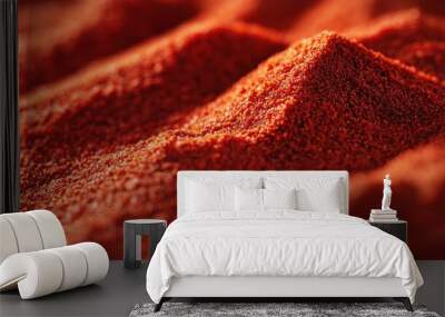 Close-up of vibrant red paprika powder displaying fine texture and richness in color, ideal for culinary uses in cooking and seasoning Wall mural