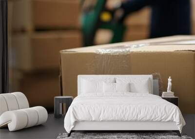 Close-up view of fragile labeled boxes organized for shipping at a warehouse during a busy workday Wall mural