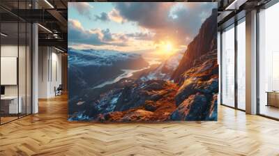 Coastal enchantment, drone's perspective, sun on horizon, breathtaking vistas, immersive and detailed sunset over Norwegian fjords Generative AI Wall mural