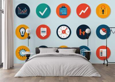 Colorful collection of flat design icons representing various business and analytics concepts on a light background Wall mural