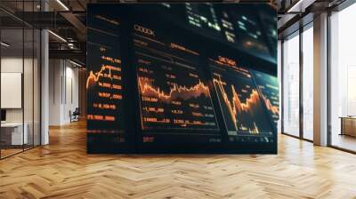 Generative AI Stock exchange ticker board displaying stock market movements, data, and financial updates in real-time Wall mural