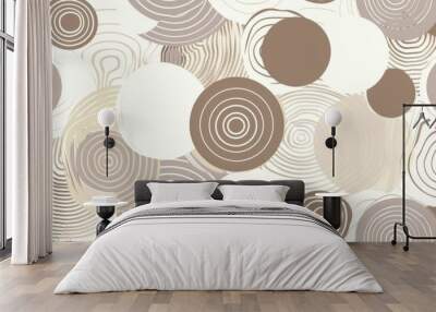 The image depicts a seamless pattern of overlapping circles in shades of beige, brown, and white. Some circles are solid, while others are filled with concentric rings, creating a dynamic and visually Wall mural