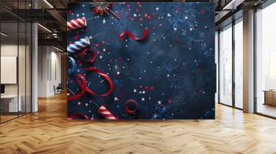 this image features a festive backdrop for a patriotic celebration with a blue background, red and b Wall mural