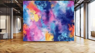 This image features a vibrant, abstract background with colorful paint brushstrokes. The design is a seamless pattern with a variety of colors, including pink, blue, yellow, orange, and purple. The br Wall mural