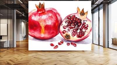 Vibrant pomegranate cut in half showcasing juicy seeds on a clean white background during daylight Wall mural