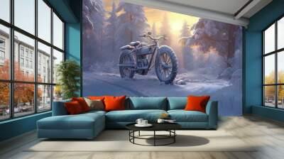 A snowy scene with a broad-wheeled bicycle designed for riding in the snow, bringing an adventurous spirit to winter sports. Generative AI Wall mural