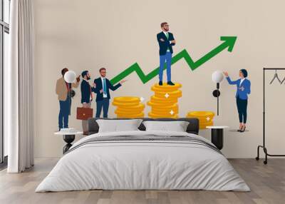 Analyze data, profit and Company growth. Success in business and career. Businessman standing on first podium coin piles. Flat vector illustration. Wall mural