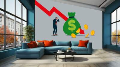 Arrow graphs fall down and attack the money bag. Global economic money problem, Bankruptcy unpaid loan debt, investment failure. Financial crisis. Flat vector illustration.
 Wall mural