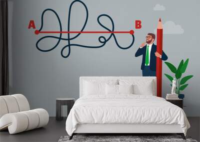 Businessman holding red pencil in hand leads a drawing line from point A to point B, Shortest distance to goal, easy or shortcut way to win business success. Wall mural