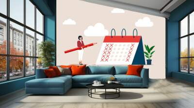 Businesswoman put holiday on calendar to make company 4 day work week. Reduce working day to increase efficiency and productivity, flexible work day for employee benefit. Flat vector illustration. Wall mural