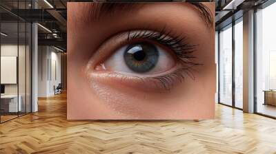 Close-up of a person eye with vibrant blue iris, dark blue pupil, black eyelashes, and lighter brown eyelid. Eye anatomy, eye health, blue eyes, dark circles, skin tone. Wall mural