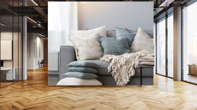 Cozy living room with grey sofa, white, blue, gray throw pillows. Soft grey blanket draped over backrest. Minimalist style furniture, grey rug, white radiator in background. Warm glow from hanging Wall mural