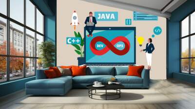 DevOps concept. Programmers practice of development and software operations. Software engineering culture. Vector illustration on white background Wall mural