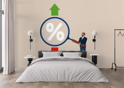 Exchange transfer rate. Businessman with a magnifying glass to view to percentage icon inside, up and down arrow. Vector illustration Wall mural