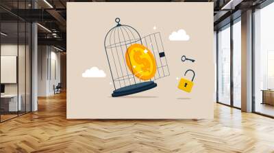 Financial freedom. Dollar with key free himself from cage. Modern vector illustration in flat style  Wall mural