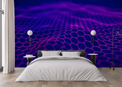 Futuristic blue hexagon background. Futuristic honeycomb concept. Wave of particles. 3D rendering. Wall mural