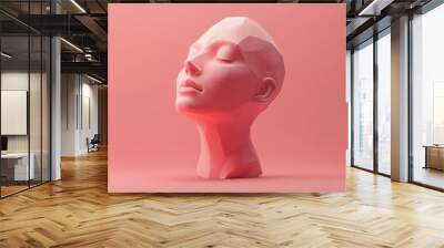 Geometric Head Sculpture: Minimalist Pink Art Wall mural