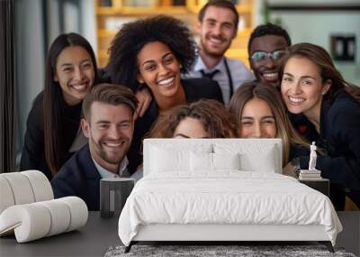 Group of business professionals smiling confidently together. Colleagues pose with relaxed expressions at the office. Leaders and team members collaborate and communicate effectively. Wall mural