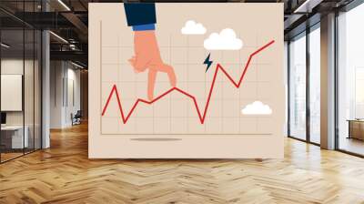 Human hand planning to walk on risky investment graph. Risk and uncertainty, investment volatility or stock market and crypto currency fluctuation up and down, all weather strategy concept. Wall mural