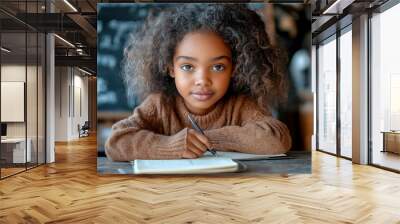 African American girl around 7 years old with curly hair, wearing a brown sweater, focused while writing in a notebook in a classroom setting.

 Wall mural