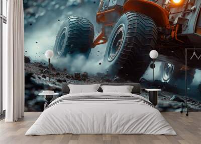 Close-up of large off-road vehicle tires kicking up dust and debris on rugged terrain, highlighting power and motion. The scene is dynamic and intense, with a focus on the tire treads. Space rover

 Wall mural