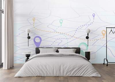 Isometric map with pins location on streets, marked with different colors. Pins connected by lines, as routes. Vector illustration Wall mural