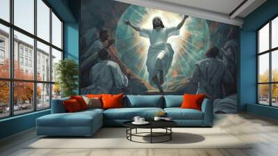 Jesus Christ rises from the dead, surrounded by angels and disciples. Biblical scene of resurrection. Jesus ministry symbolizes hope and forgiveness for humanity sins. Wall mural