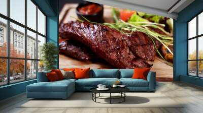 juicy medium rare skirt steak, hanging tender steak served with vegetable salad and potatoes on board, traditional american cuisine,grill and barbeque, meat restaurant menu Wall mural