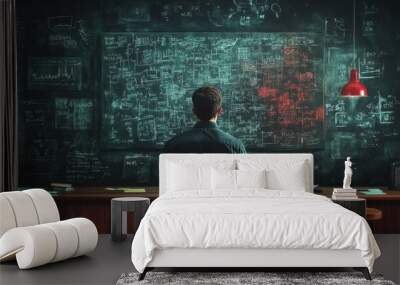 Man Studying Complex Equations on a Chalkboard Wall mural