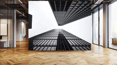 Modern skyscraper facade in black, white. Bottom view from below with white sky on left as copy space. Urban cityscape architecture, business buildings, glass windows, steel frame, concrete structure. Wall mural