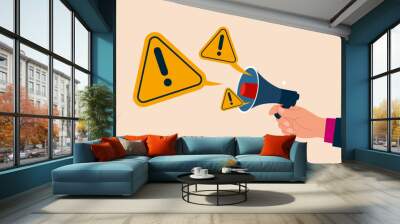 More problems. Talking message into loudspeaker with incident with exclamation attention sign. Flat vector illustration Wall mural