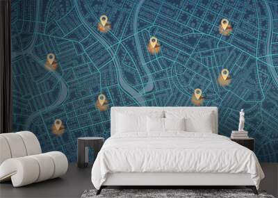 Multiple destinations, isometric. Map city with gps pins. Alternative way with location system. Urban map with pointers. Black background, information pointers, signs, arrows. Vector illustration. Wall mural