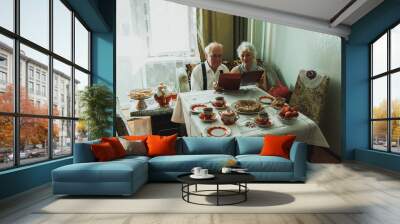 Old couple is flipping the photo album at home. Grandmother and grandfather at golden wedding anniversary celebration in vintage dining room near the table with cups, cake and tea. Happy grandparents. Wall mural